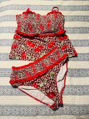 Cherry Print Ruffle Two-Piece Swim Set - Pink & Red Sz L